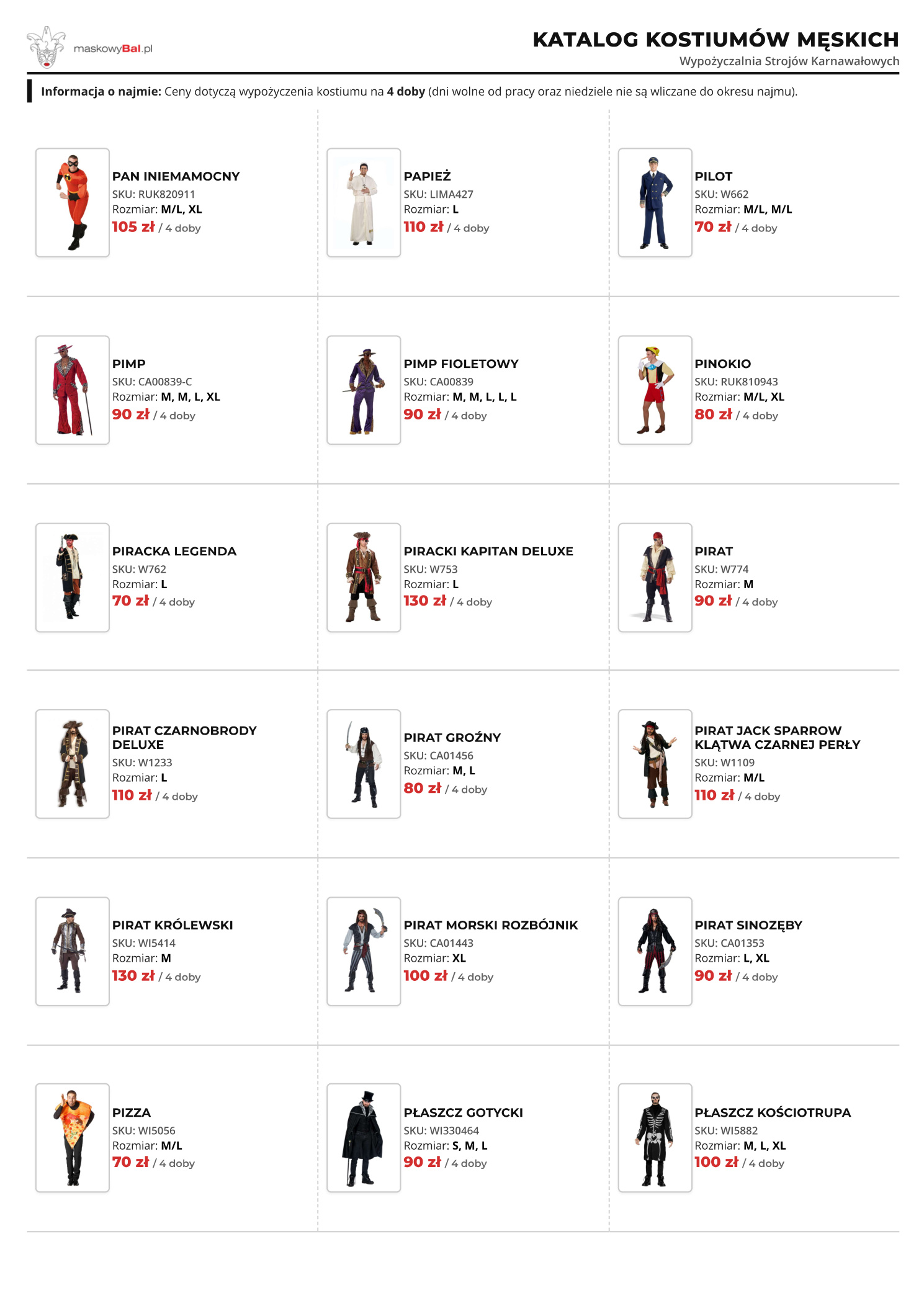 Katalog męski wypożyczalni strojów Maskowy Bal